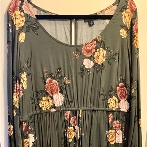 OLIVE GREEN FLORAL CHALLIS DRAWSTRING SKATER DRESS